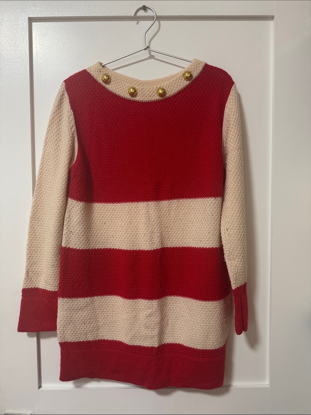 Striped Red and Cream Crewneck Sweater with Gold Detail